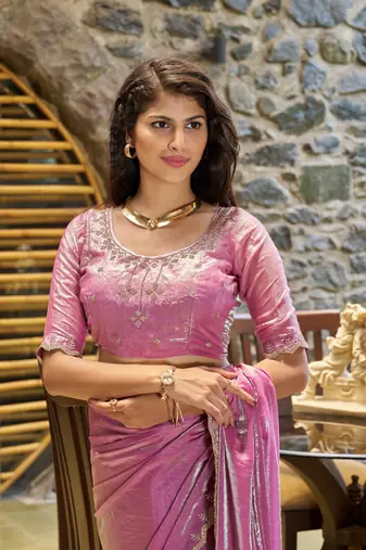 Lavender embroidered Two Tone art silk saree with blouse piece