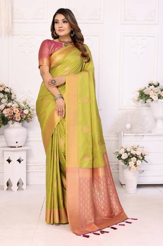 Parrot Green Lichi Soft Silk Saree With Jari Weaving Border And Weaving Rich Pallu With Contrast  Blouse