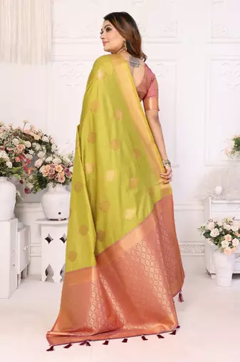 Parrot Green Lichi Soft Silk Saree With Jari Weaving Border And Weaving Rich Pallu With Contrast  Blouse