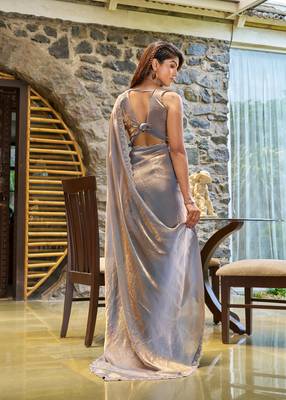 Grey embroidered Two Tone silk saree with blouse piece 3