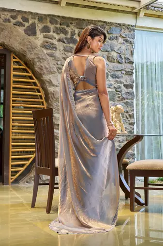 Grey embroidered Two Tone silk saree with blouse piece