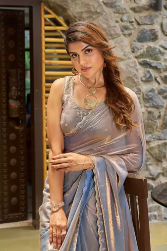 Grey embroidered Two Tone silk saree with blouse piece