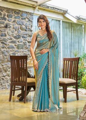 Turquoise Art Silk Embroidered Saree with Blouse Piece 1