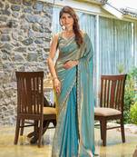 Turquoise Art Silk Embroidered Saree with Blouse Piece