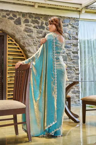 Turquoise Art Silk Embroidered Saree with Blouse Piece