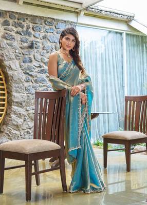 Turquoise Art Silk Embroidered Saree with Blouse Piece 3