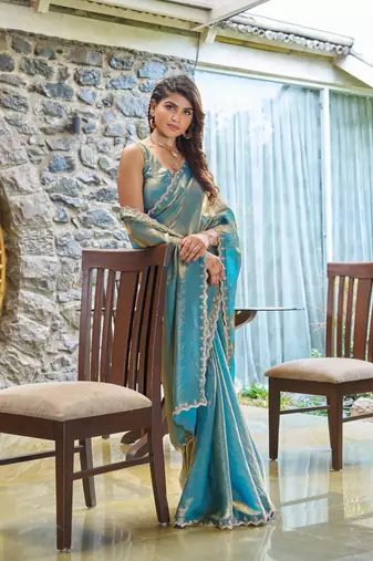 Turquoise Art Silk Embroidered Saree with Blouse Piece