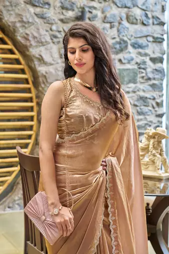 Brown embroidered Two Tone art silk saree with blouse piece