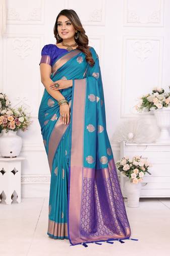 Sky Blue Lichi Soft Silk Saree With Jari Weaving Border And Weaving Rich Pallu With Contrast  Blouse