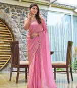 Pink embroidered Two Tone art silk saree with blouse piece