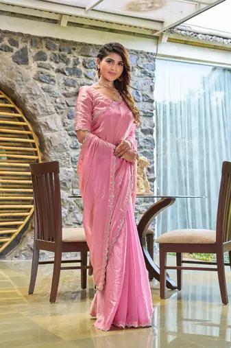 Pink embroidered Two Tone art silk saree with blouse piece