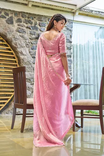 Pink embroidered Two Tone art silk saree with blouse piece