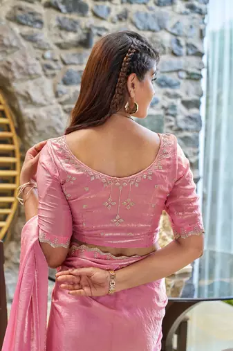 Pink embroidered Two Tone art silk saree with blouse piece