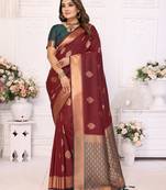 Maroon Lichi Soft Silk Saree With Jari Weaving Border And Weaving Rich Pallu With Contrast  Blouse