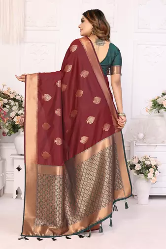 Maroon Lichi Soft Silk Saree With Jari Weaving Border And Weaving Rich Pallu With Contrast  Blouse