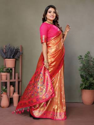 Orange Banarasi Tissue Silk Saree Laheriya Woven Border And Contrast Woven Classic Pallu With Blouse 2