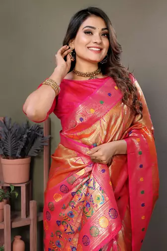 Orange Banarasi Tissue Silk Saree Laheriya Woven Border And Contrast Woven Classic Pallu With Blouse