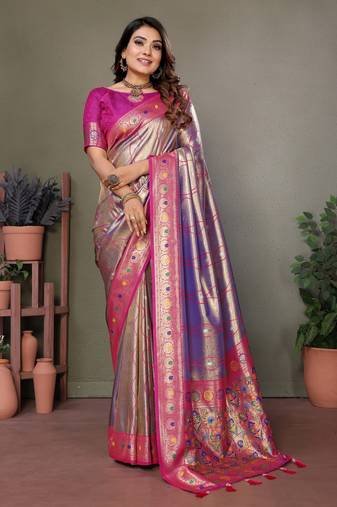 Violet Banarasi Tissue Silk Saree Laheriya Woven Border And Contrast Woven Classic Pallu With Blouse