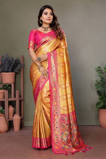 Yellow Banarasi Tissue Silk Saree Laheriya Woven Border And Contrast Woven Classic Pallu With Blouse