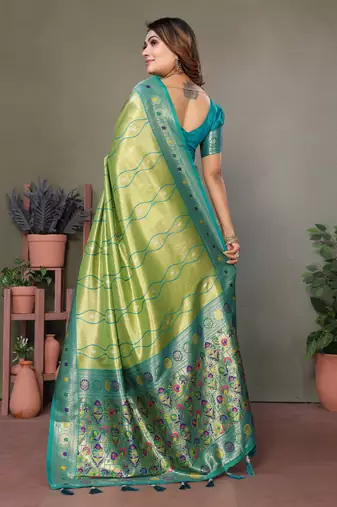 Parrot Green Banarasi Tissue Silk Saree Laheriya Woven Border And Contrast Woven Classic Pallu With Blouse