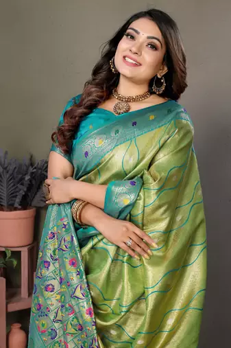 Parrot Green Banarasi Tissue Silk Saree Laheriya Woven Border And Contrast Woven Classic Pallu With Blouse