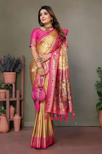 Pink Banarasi Tissue Silk Saree Laheriya Woven Border And Contrast Woven Classic Pallu With Blouse