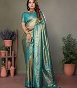 Teal Banarasi Tissue Silk Saree Laheriya Woven Border And Contrast Woven Classic Pallu With Blouse
