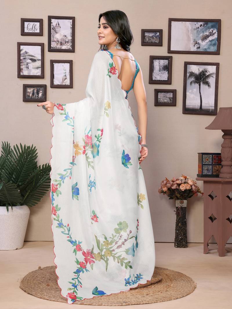 Ready To Wear Sky Blue Kota Doriya Saree Embroidery Work Scallop Border Saree With Blouse