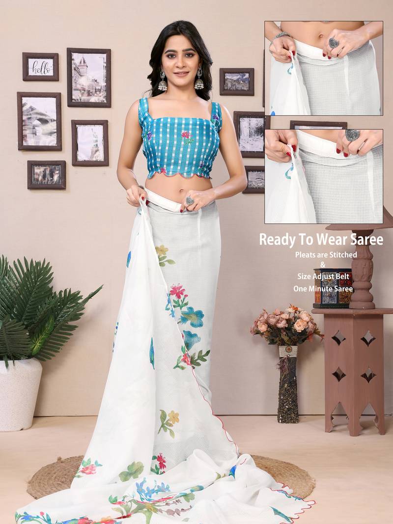 Ready To Wear Sky Blue Kota Doriya Saree Embroidery Work Scallop Border Saree With Blouse