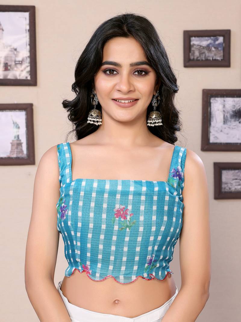 Ready To Wear Sky Blue Kota Doriya Saree Embroidery Work Scallop Border Saree With Blouse