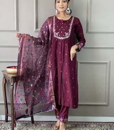 Wine Embroidered Viscose Chanderi Straight Kurta Pant and Dupatta Set