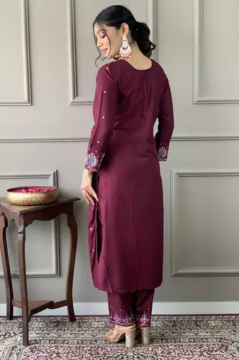 Wine Embroidered Viscose Chanderi Straight Kurta Pant and Dupatta Set