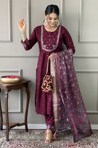 Wine Embroidered Viscose Chanderi Straight Kurta Pant and Dupatta Set