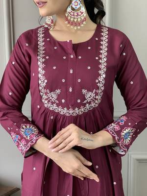 Wine Embroidered Viscose Chanderi Straight Kurta Pant and Dupatta Set 4
