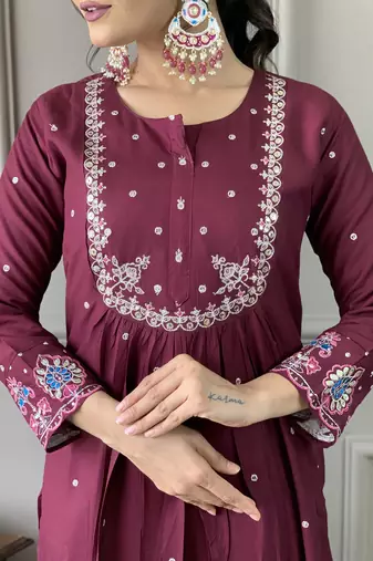 Wine Embroidered Viscose Chanderi Straight Kurta Pant and Dupatta Set