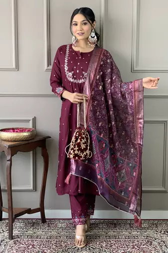 Wine Embroidered Viscose Chanderi Straight Kurta Pant and Dupatta Set
