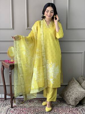 Yellow Embroidered Rayon Fabric Straight Kurta, Pant and Dupatta Set 1