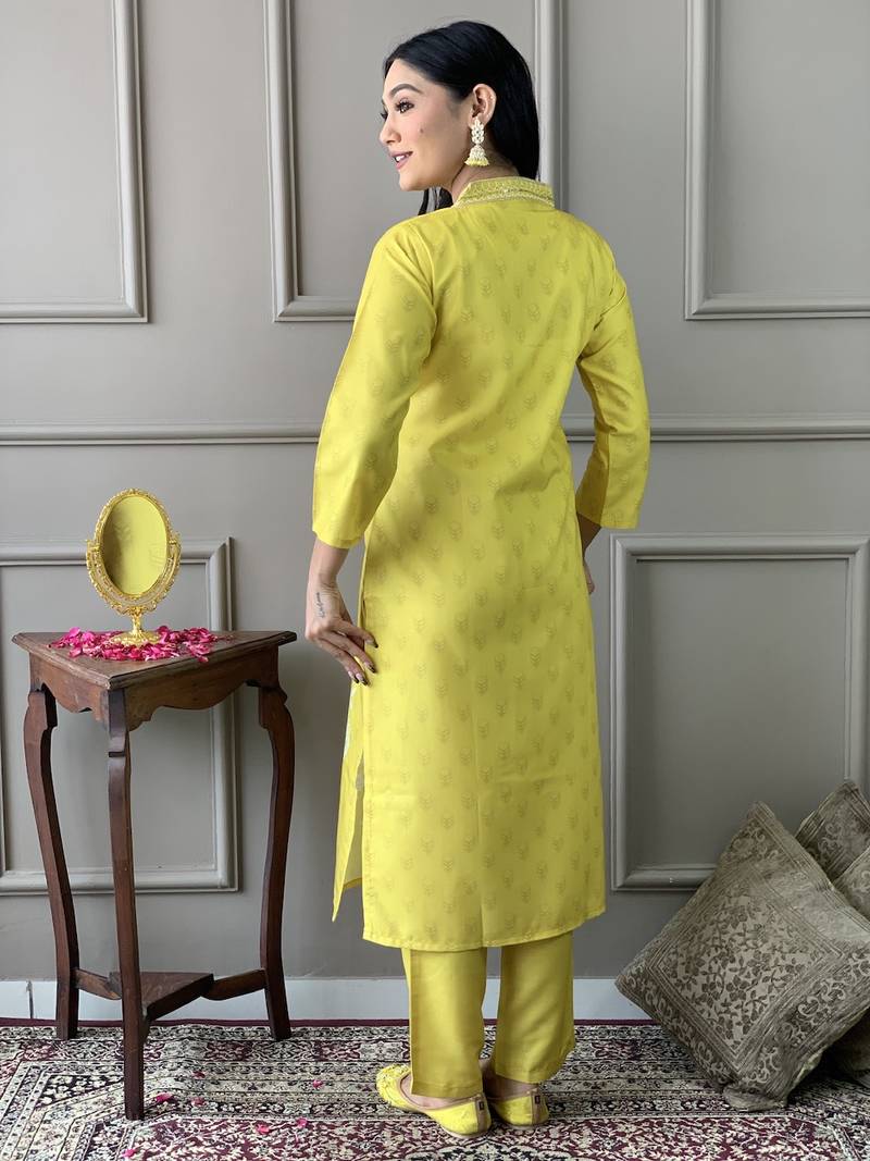 Yellow Embroidered Rayon Fabric Straight Kurta, Pant and Dupatta Set