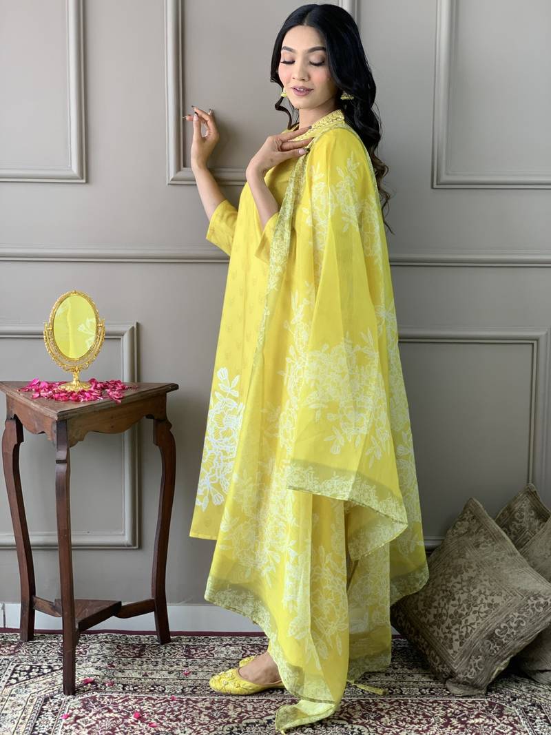 Yellow Embroidered Rayon Fabric Straight Kurta, Pant and Dupatta Set