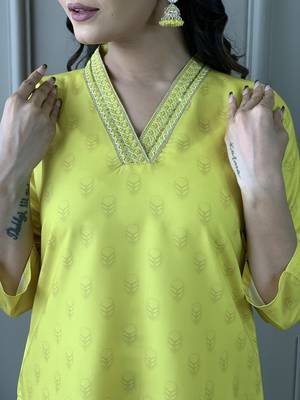 Yellow Embroidered Rayon Fabric Straight Kurta, Pant and Dupatta Set 4