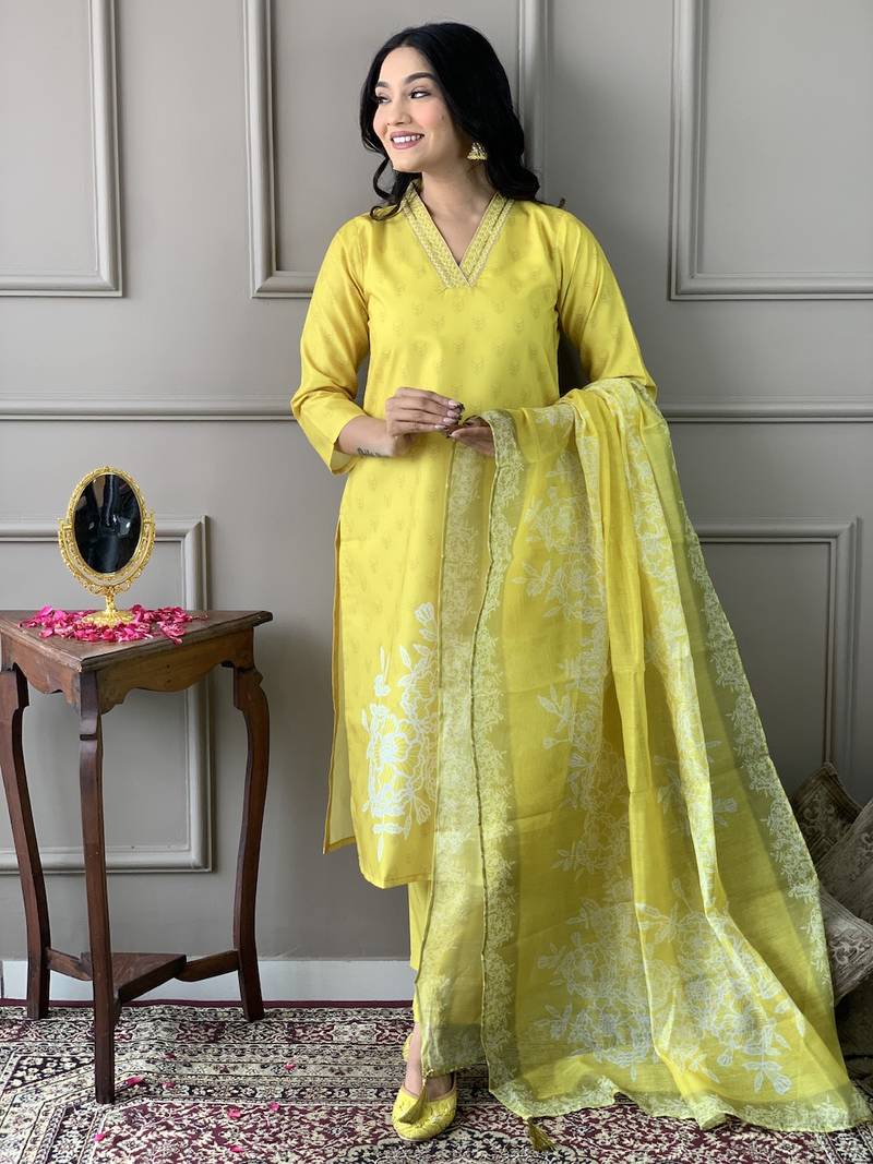 Yellow Embroidered Rayon Fabric Straight Kurta, Pant and Dupatta Set