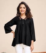  black pure viscose floral embroidered shirt style top