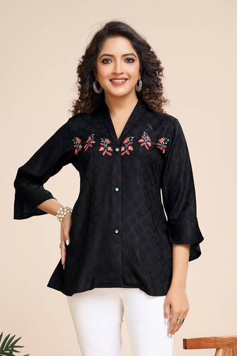  black pure viscose floral embroidered shirt style top