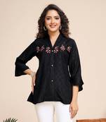  black pure viscose floral embroidered shirt style top