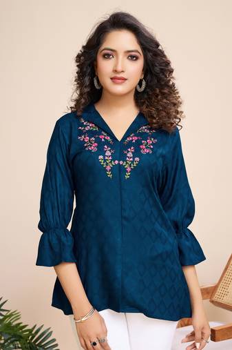  teal pure viscose floral embroidered shirt style top