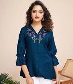  teal pure viscose floral embroidered shirt style top