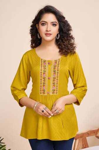  mustard pure viscose floral embroidered a-line top