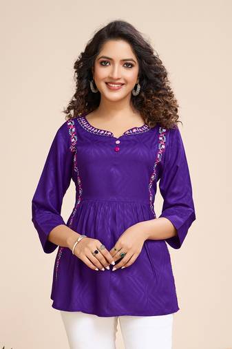  purple pure viscose floral embroidered gathered or pleated top