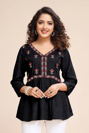  black pure viscose floral embroidered peplum top