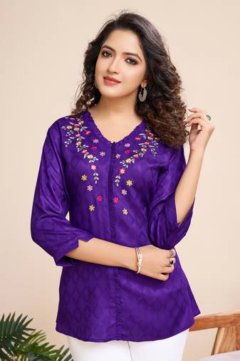  purple pure viscose floral embroidered a-line top